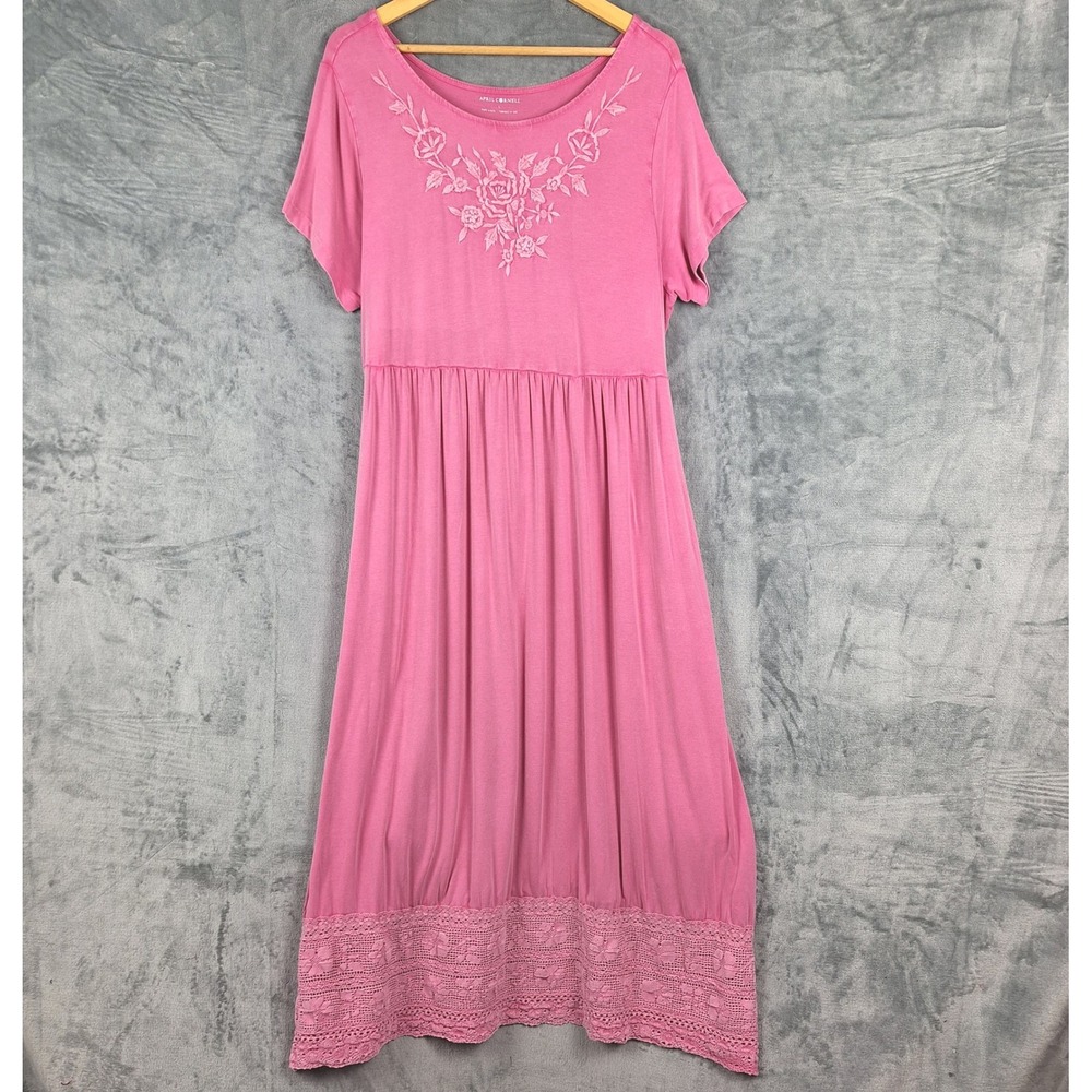 Vtg April Cornell Dress Large Pink Maxi Crochet Boho Cottagecore Prairie Modest